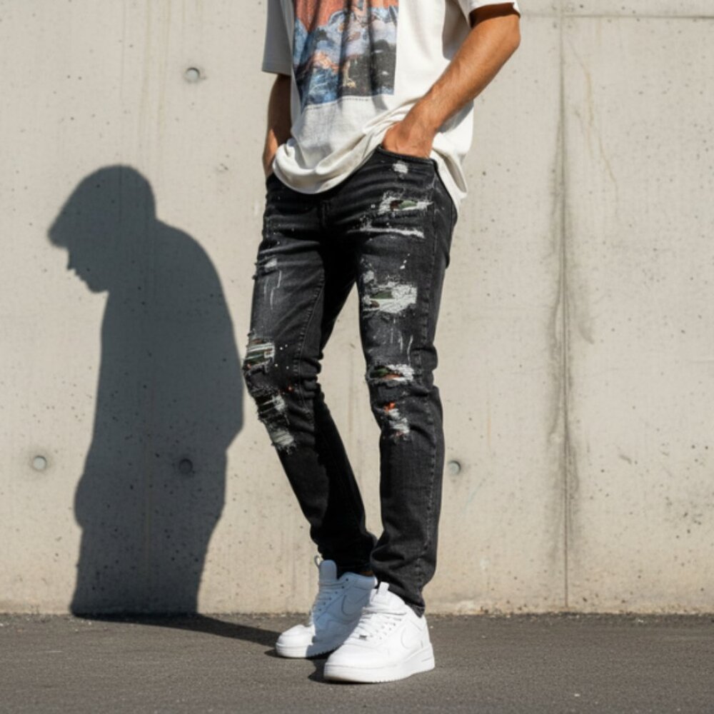 Jeff Staple Pigeon Dark Wash Distressed Jeans Size 36 Paint Splatter NWT Stone